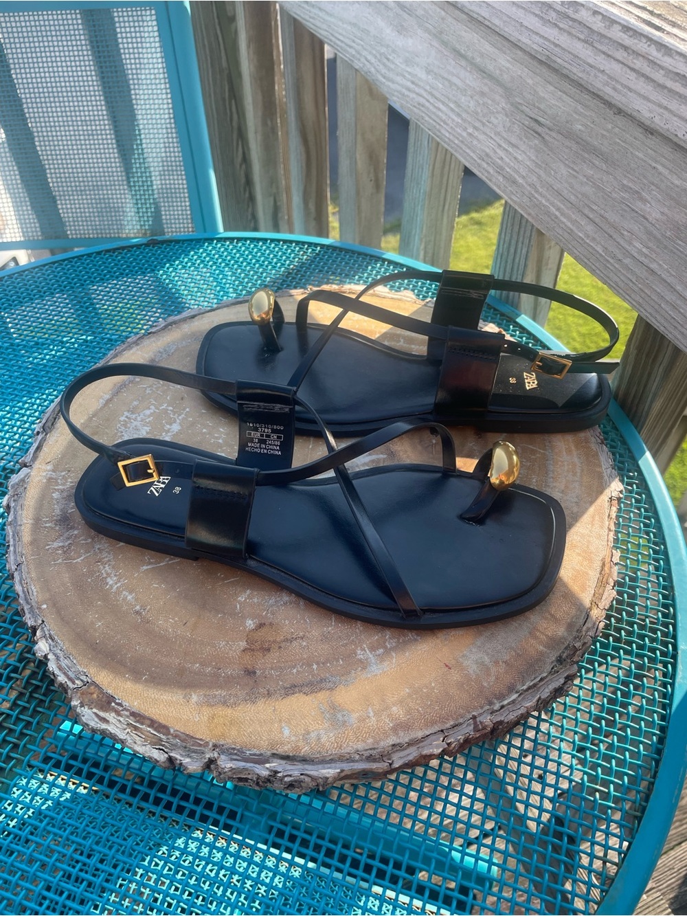 Zara Black Sandals with Gold Toe Accent - Picture 4 of 9